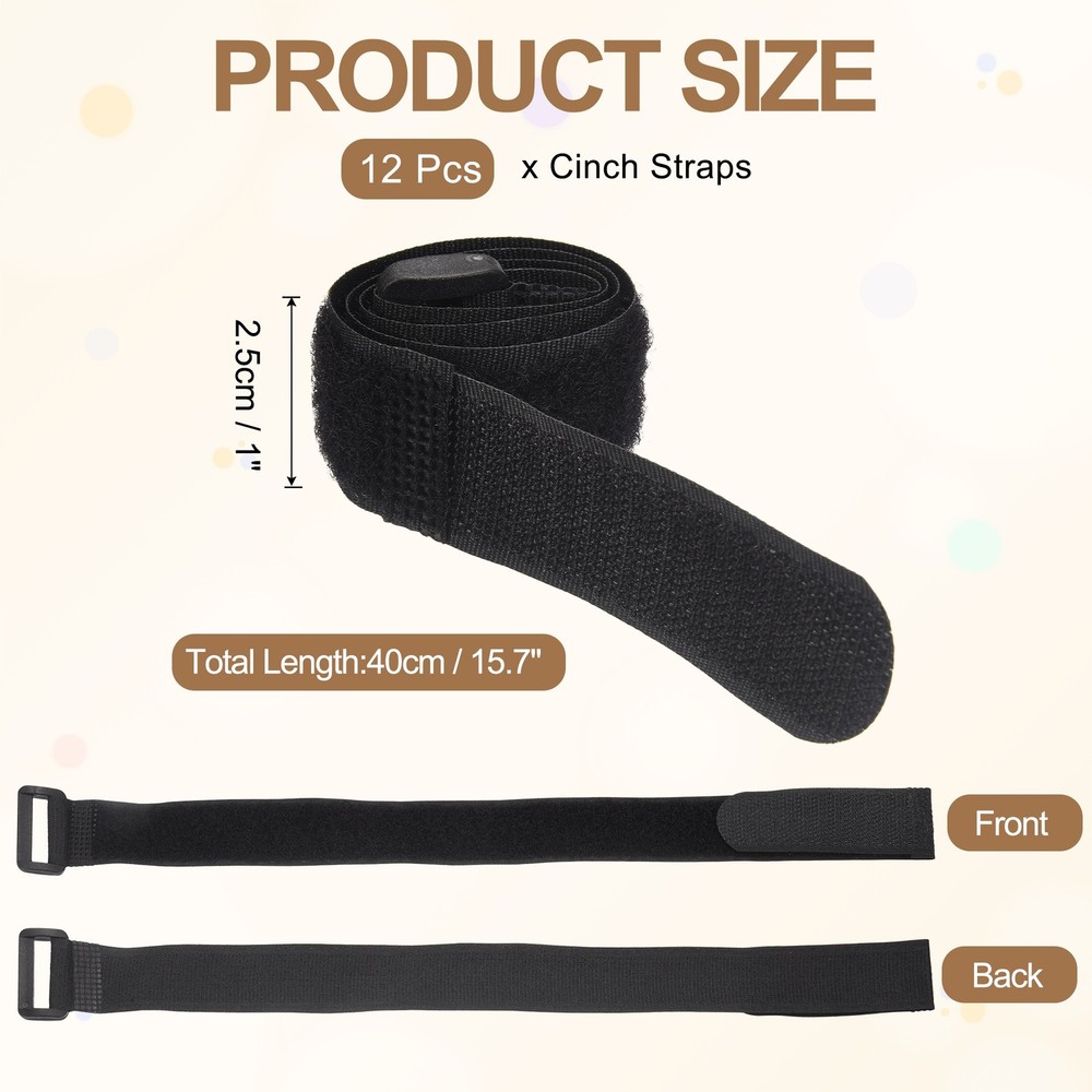 12pcs Reusable Cinch Straps 1"x15.7" Hook and Loop Cable Securing Straps, Black