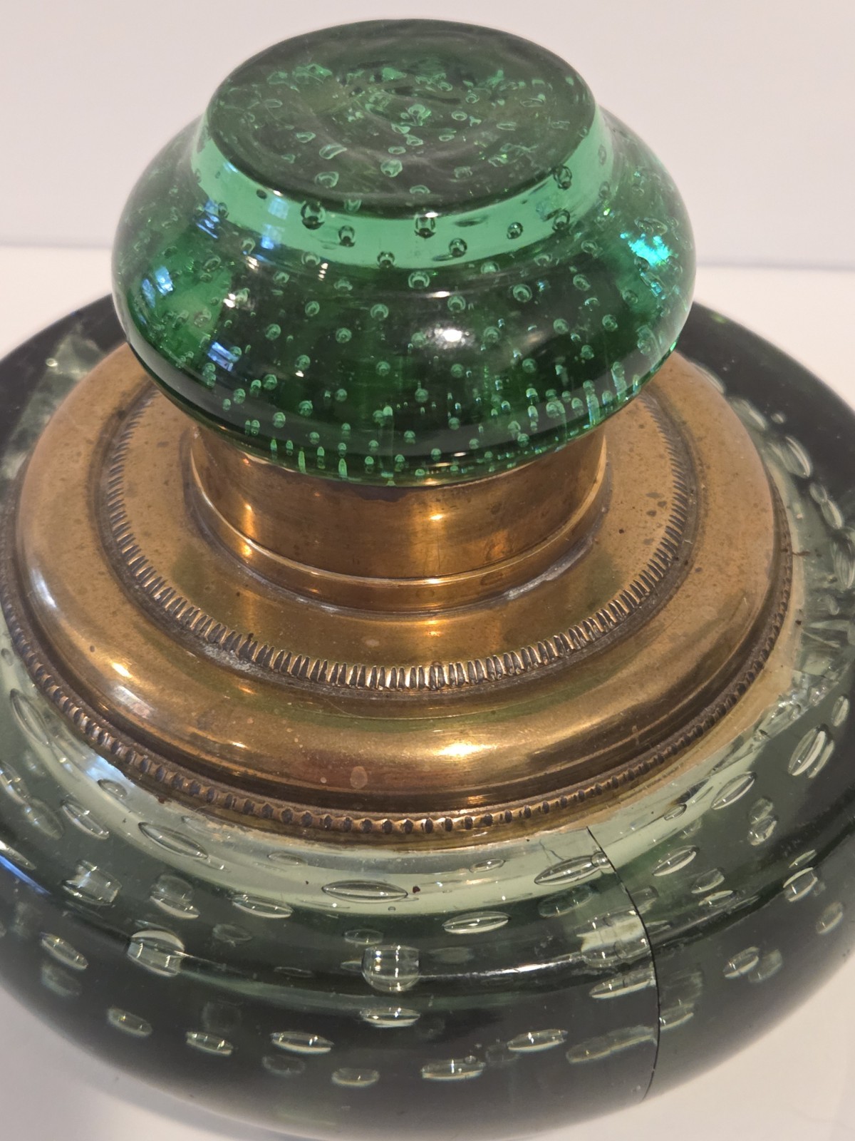Glass Ink Well hand Blown Controlled Bubbles Brass Antique Green