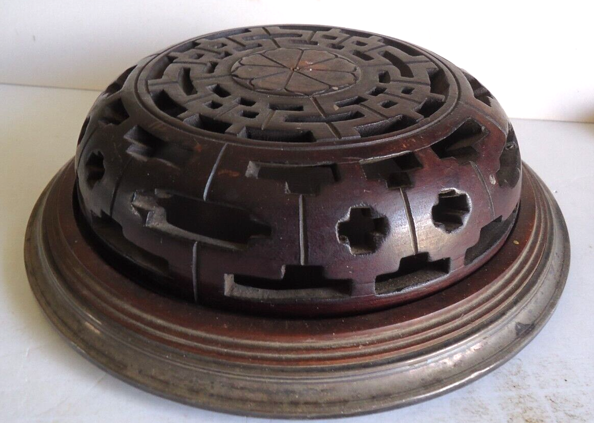 Antique Chinese or Japanese 2 pc Wood & Silver Incense Burner Censer 1800s