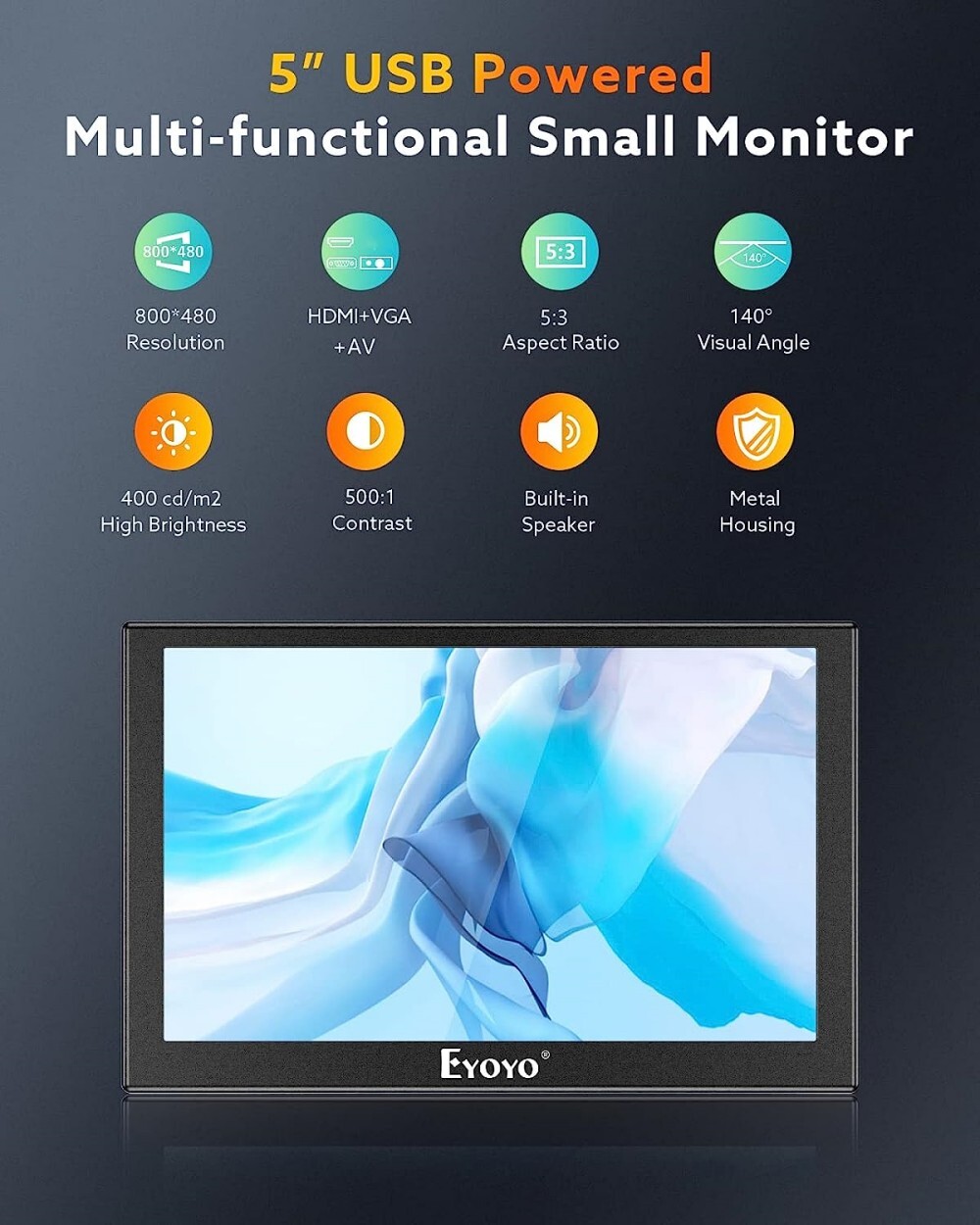 Eyoyo 5" Mini HDMI Monitor 800x480 Portable LCD Display HDMI/VGA/BNC/AV for CCTV