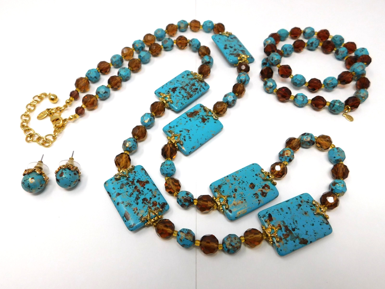 Vintage JOAN RIVERS Faux Turquoise & Amber Glass Necklace Bracelet Earrings Set