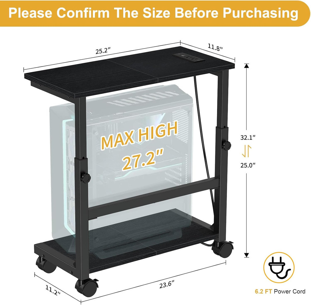 Height Adjustable Computer Tower Stand with Charging Station & Locking Wheels