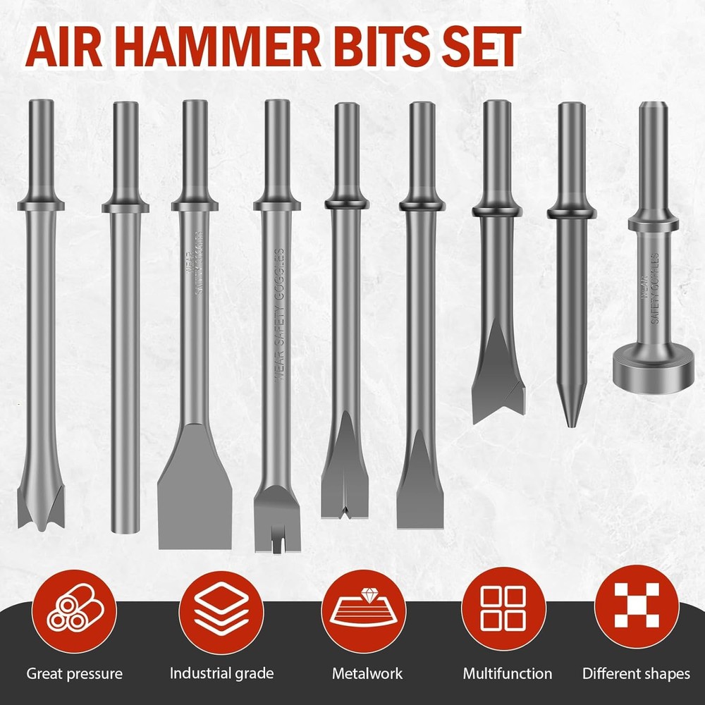 9 Pack Air Hammer Bits Pneumatic Chisel Set Air Hammer Punch Chipping Bits Tools