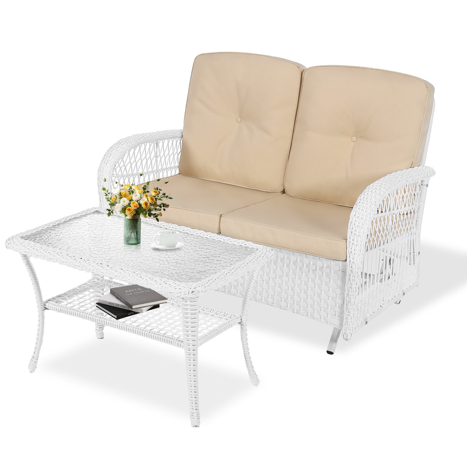 Outdoor Wicker Patio Glider Set, Glider Rocking Bench Loveseat With Coffee Table