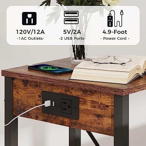 Side Table with Charging Station, Set 2 Set Rustic Brown Engineered Wood Legs