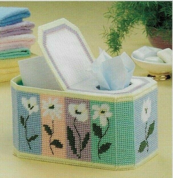 STYLIZED FLOWERS TISSUE & BATH TISSUE HOLDER PLASTIC CANVAS PATTERN INSTRUCTION