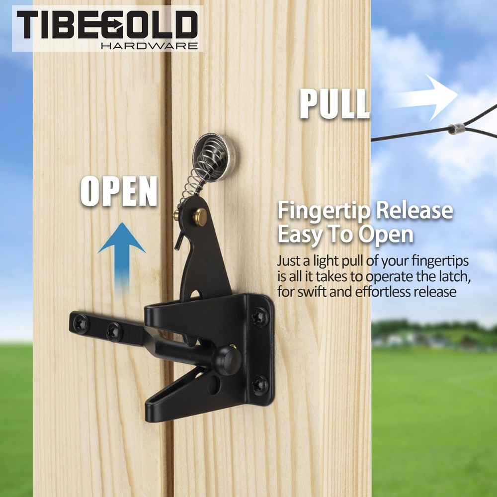 TIBEGOLD Self Locking Gate Latch with Spring Cable Pull, Black Gravity Lever...