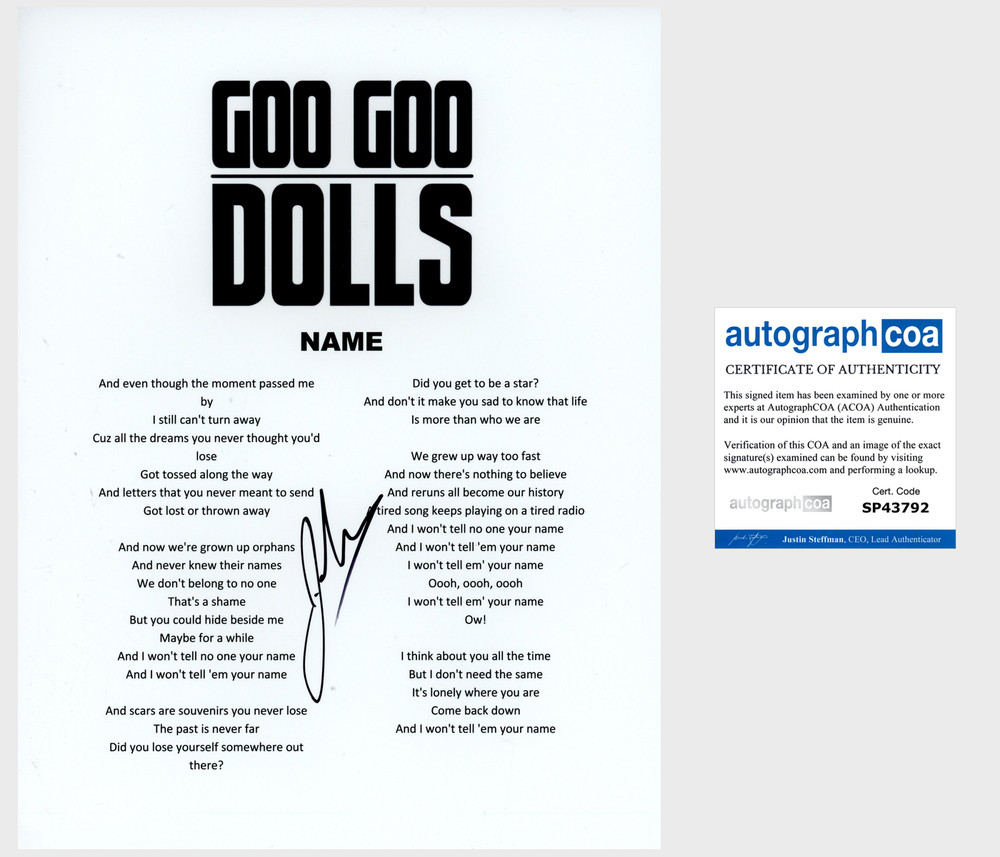 JOHNNY RZEZNIK SIGNED GOO GOO DOLLS NAME LYRIC SHEET EXACT PROOF & AUTOGRAPH COA