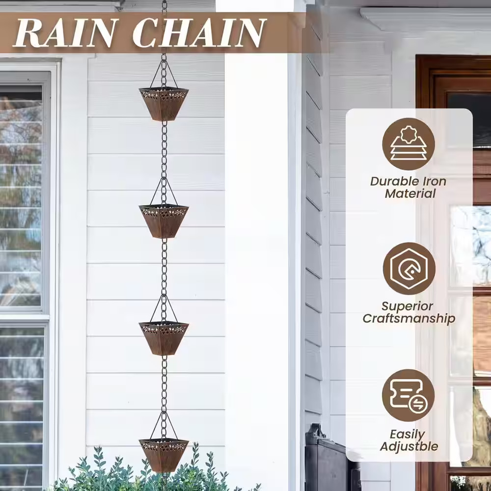 Square Copper Rain Chain 12 Cups Adjustable Gutter Downspout Decorative Water Di