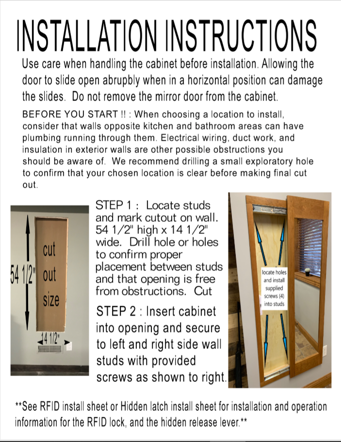 Hidden storage mirror, In-wall gun safe concealment cabinet - American Walnut