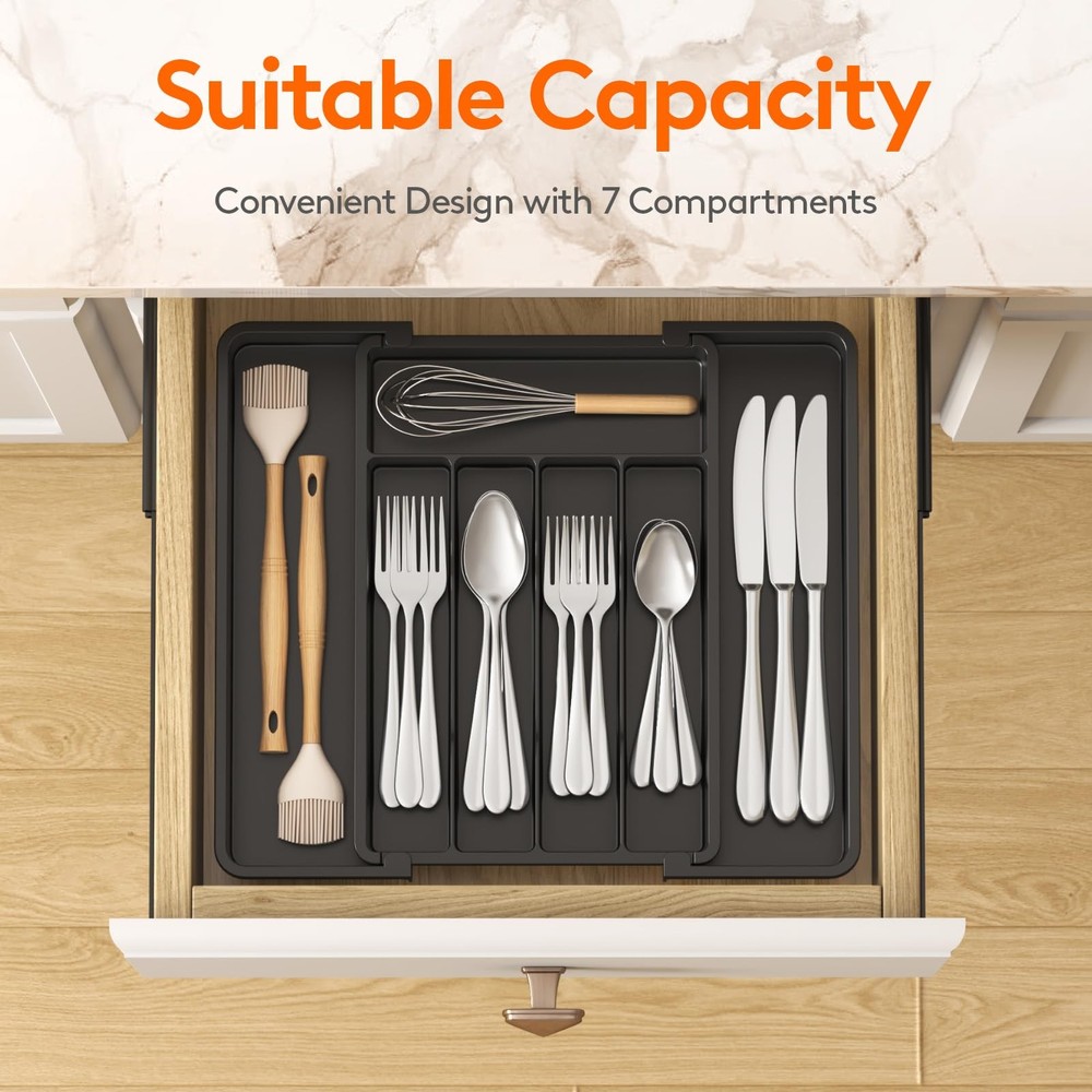 Silverware Drawer Organizer, Medium (8.5-14''W x 12''D), Black