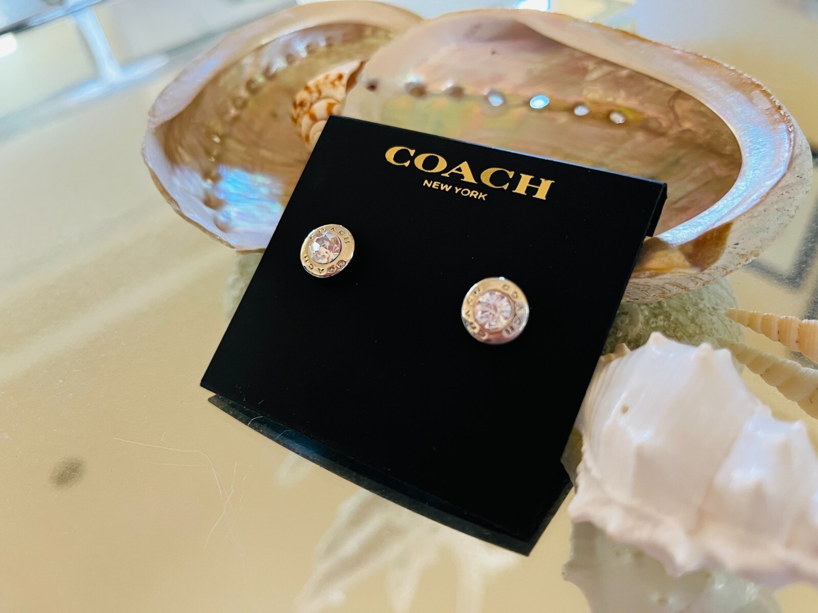 NWT Coach Open Circle Stone Pierced Earrings Silver Plated Stud