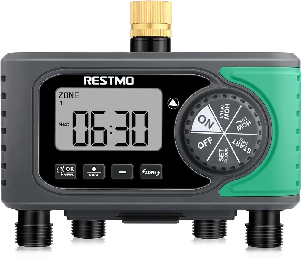 4-Zone Programmable Sprinkler Timer with Brass Inlet for Garden Hose