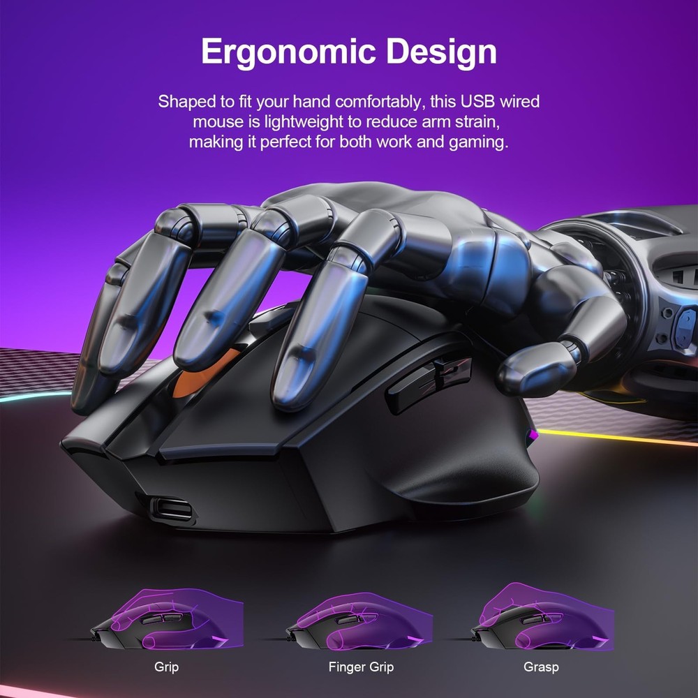 Wired Gaming Mouse - USB Computer Corded Mice with 7200DPI, 7-Button Programm...