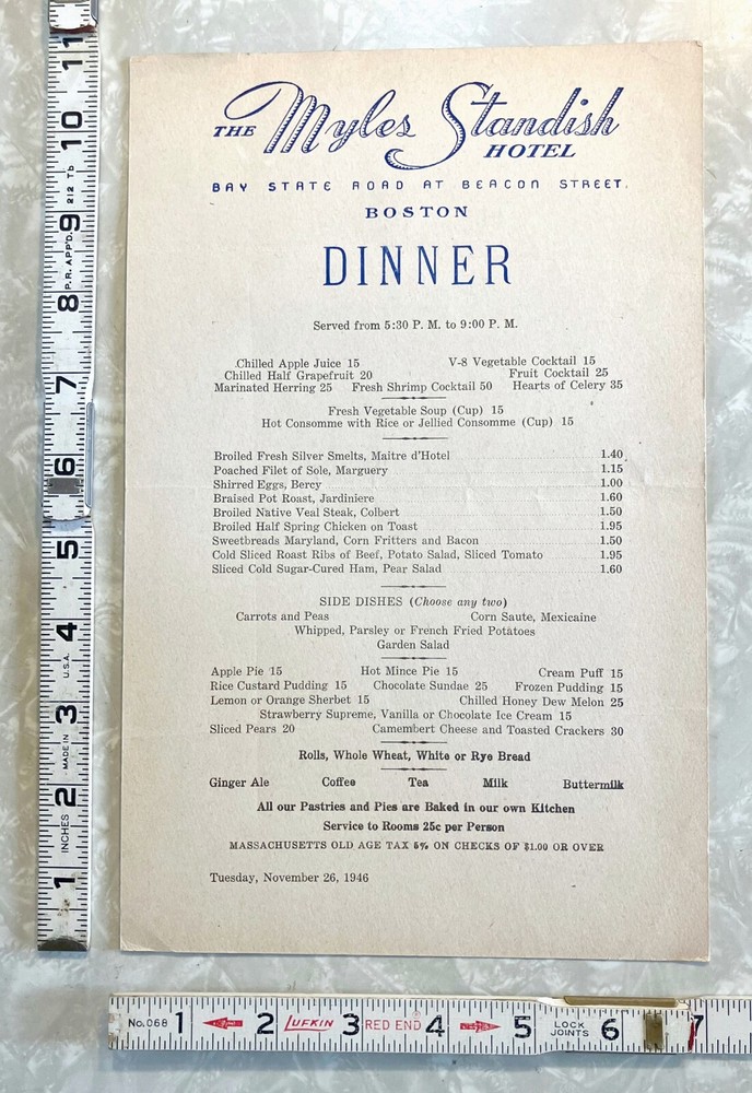 1946 MENU MYLES STANDISH HOTEL BOSTON