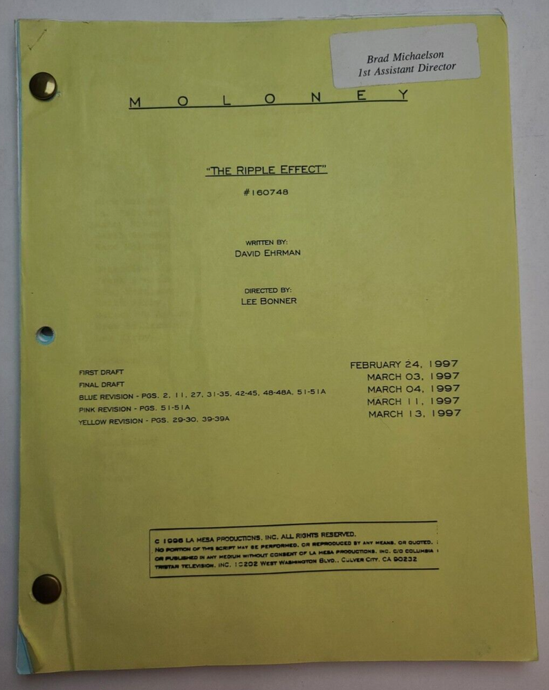 MOLONEY / David Ehrman 1997 TV Script, Peter Strauss "The Ripple Effect"