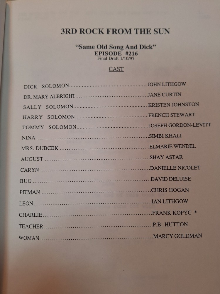 3RD ROCK FROM THE SUN 1997 TV Script "Same Old Song And DICK"