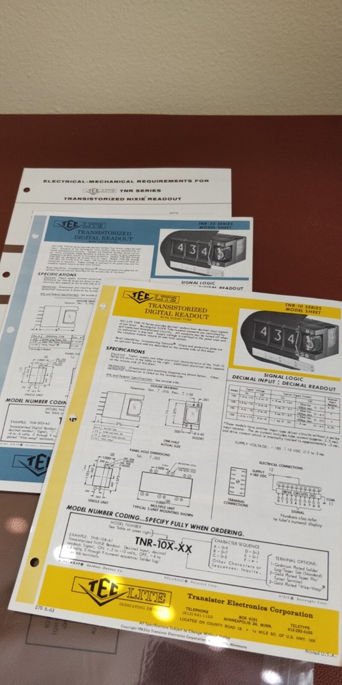 1963 TEC Digital Readout ~ Spec sheets ~ Transistor Electronics Corp TNR-10 -30