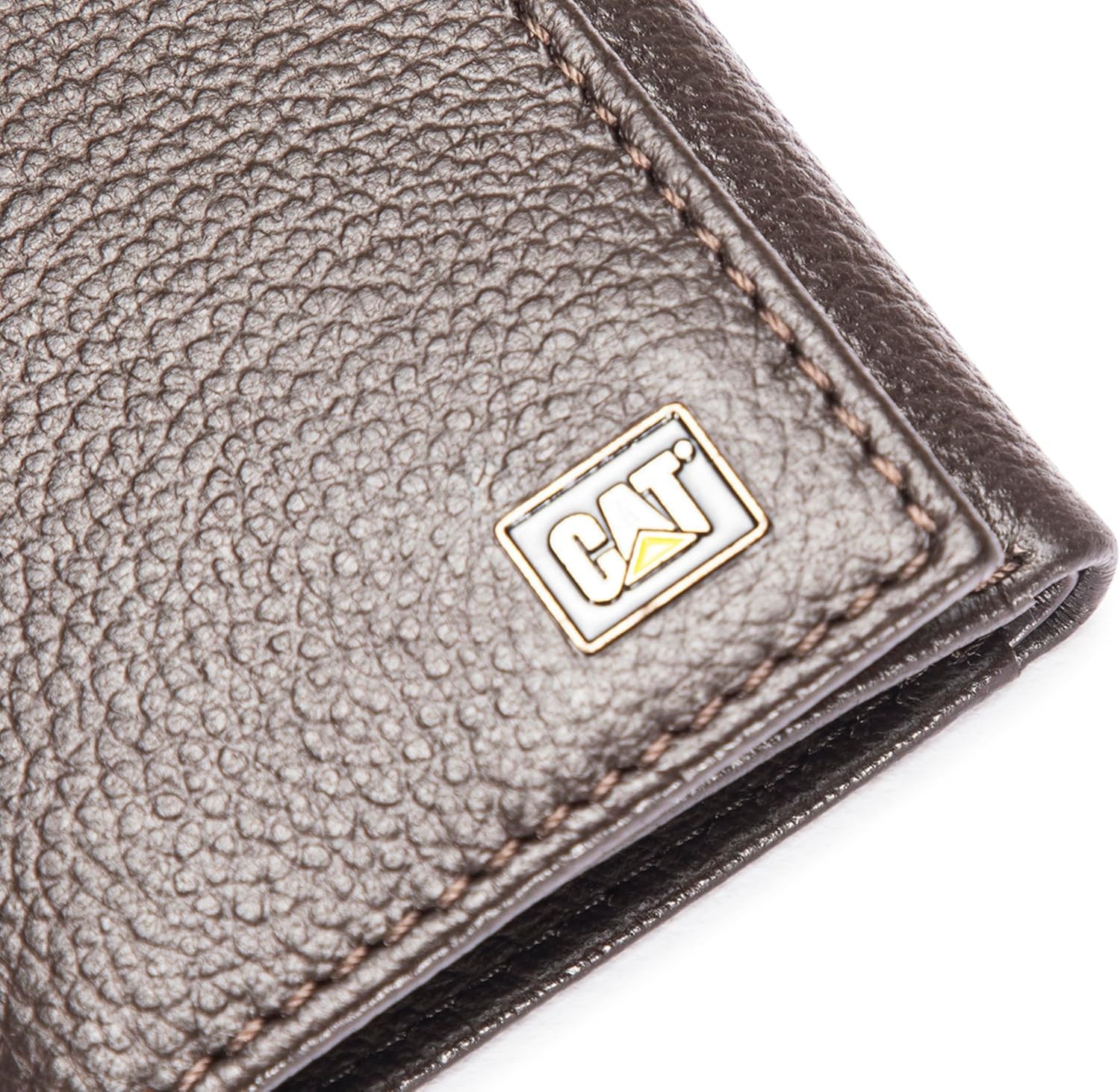 CAT Caterpillar Mens GENUINE LEATHER RFID Trifold Wallet Brown Chocolate in TIN