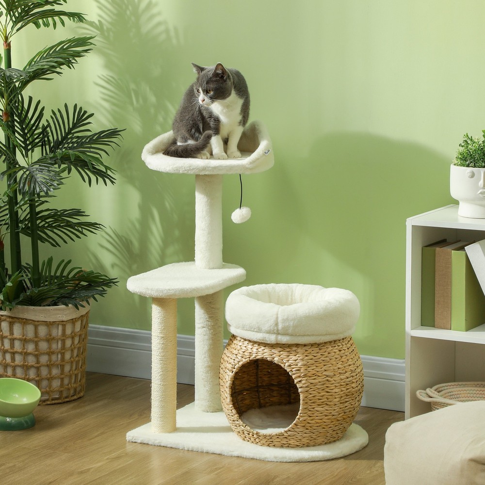 31" Cat Tree Tower with Scratching Posts, Cat Condo, Beds & Toy Ball