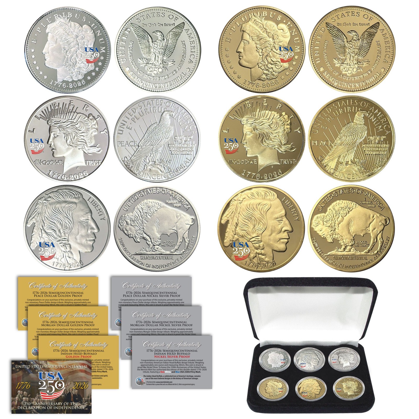 USA 250 America PRIVY 2026 MORGAN + PEACE + BUFFALO 1 OZ Proof 6-Coin Set w/ BOX
