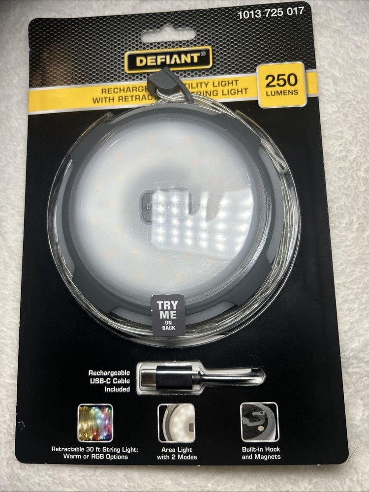 Defiant 250 Lumens Rechargeable Utility With Retractable String Light NEW