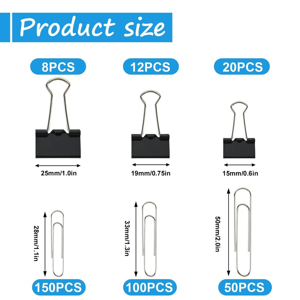 Binder and Paper Clips Set, 340 pcs Assorted Sizes in Container With Compartm...