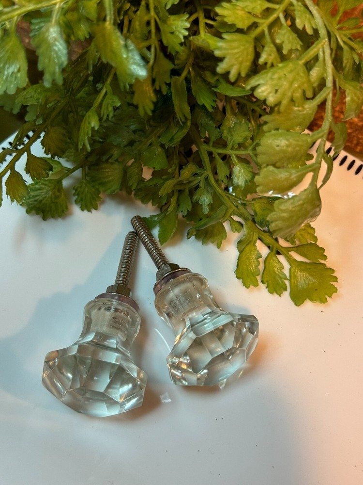 4; Glass Cabinet Knobs Clear Glass Drawer Pulls Depression Era Style w/Hardware