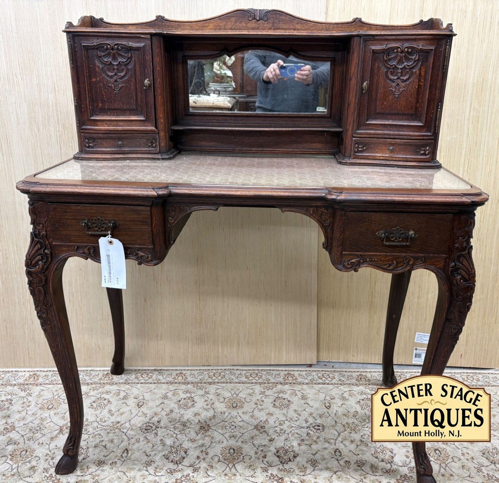 66366  Antique French Rococo Oak Writing Desk with Mirror and Cabinets