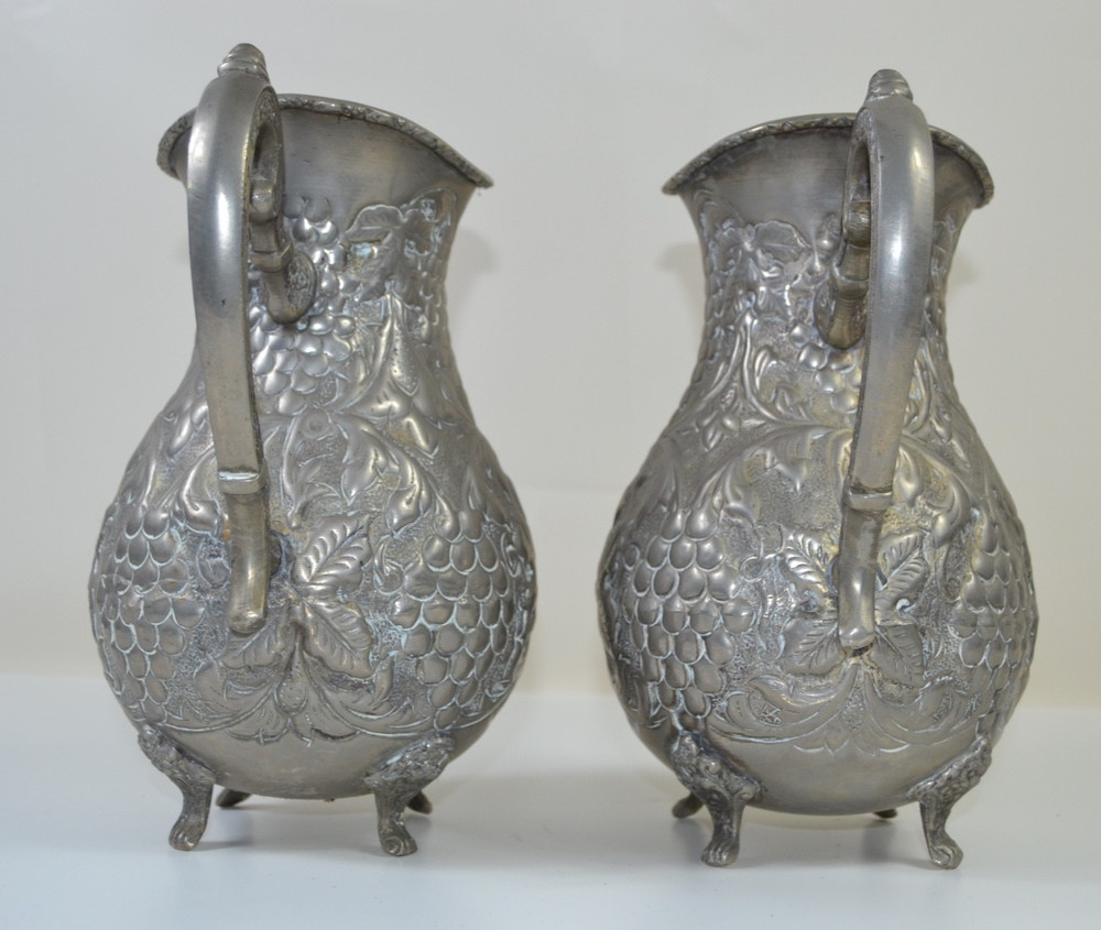 Vintage Silver Plated Pitchers Pair – Ornate Grape Repoussé Footed Baroque Style