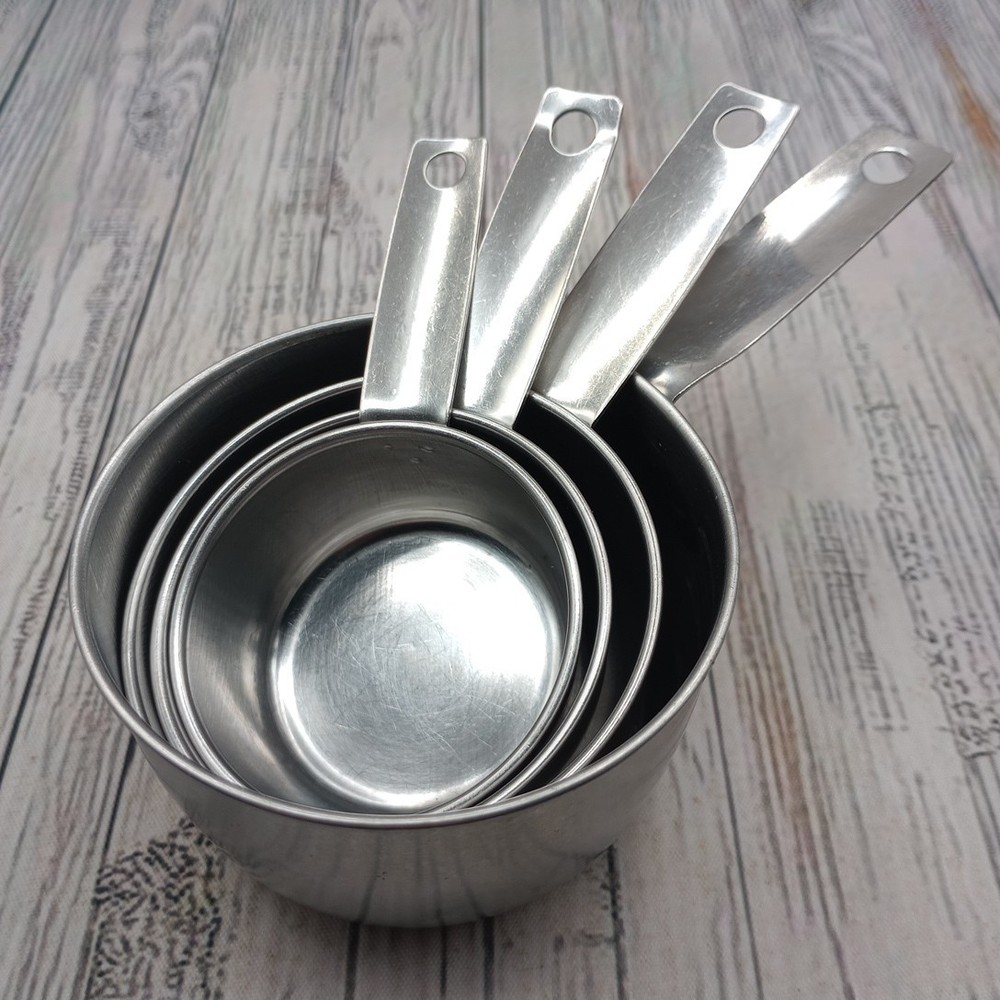 Vintage Foley Stainless Measuring Nesting 4 Cup Script Style Cups Logo Bottom