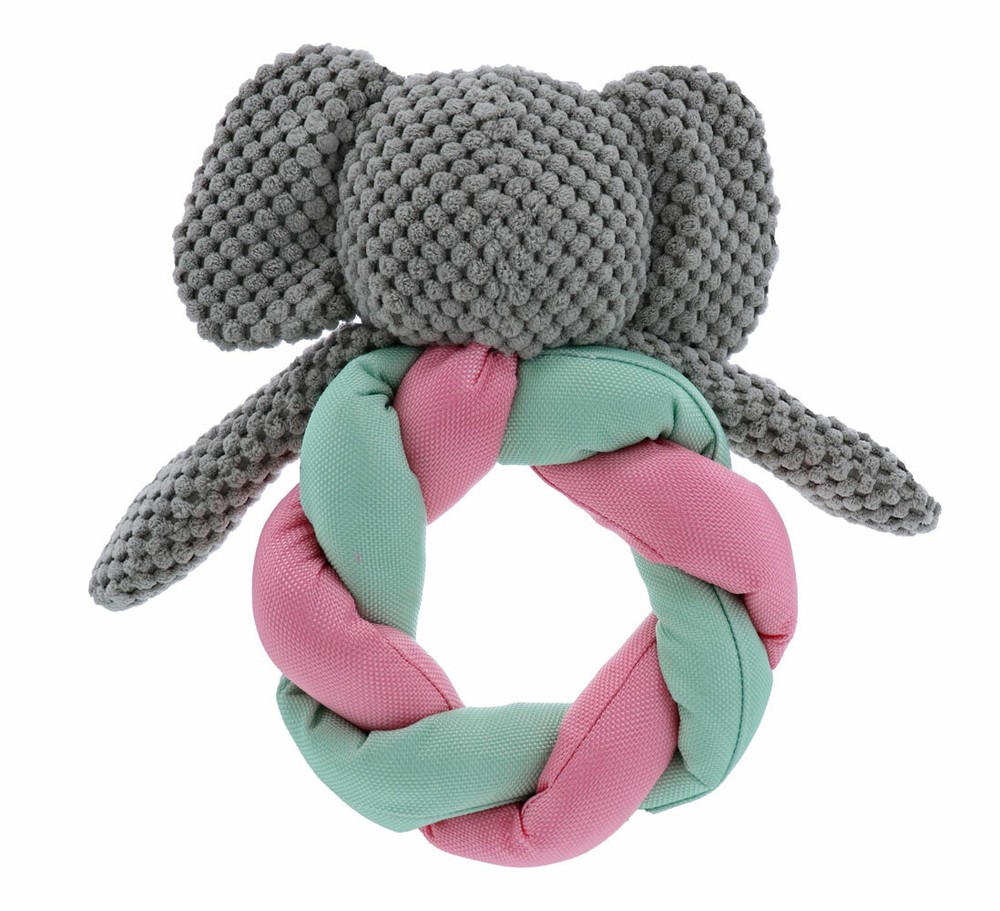 Braided Ring Dog Toys Soft Cuddle Corduroy Squeaker Choose Elephant or Monkey 8"