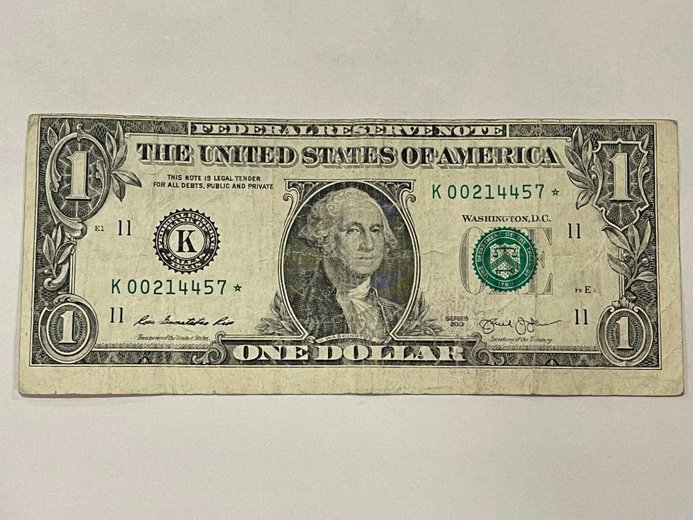 2013 One dollar bill federal reserve star note offset error miscut, misaligned