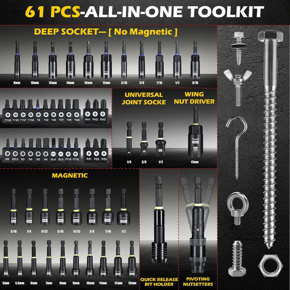 61PCS Impact Nut Driver Set - Metric & SAE Magnetic Deep Socket Adapters with 1/
