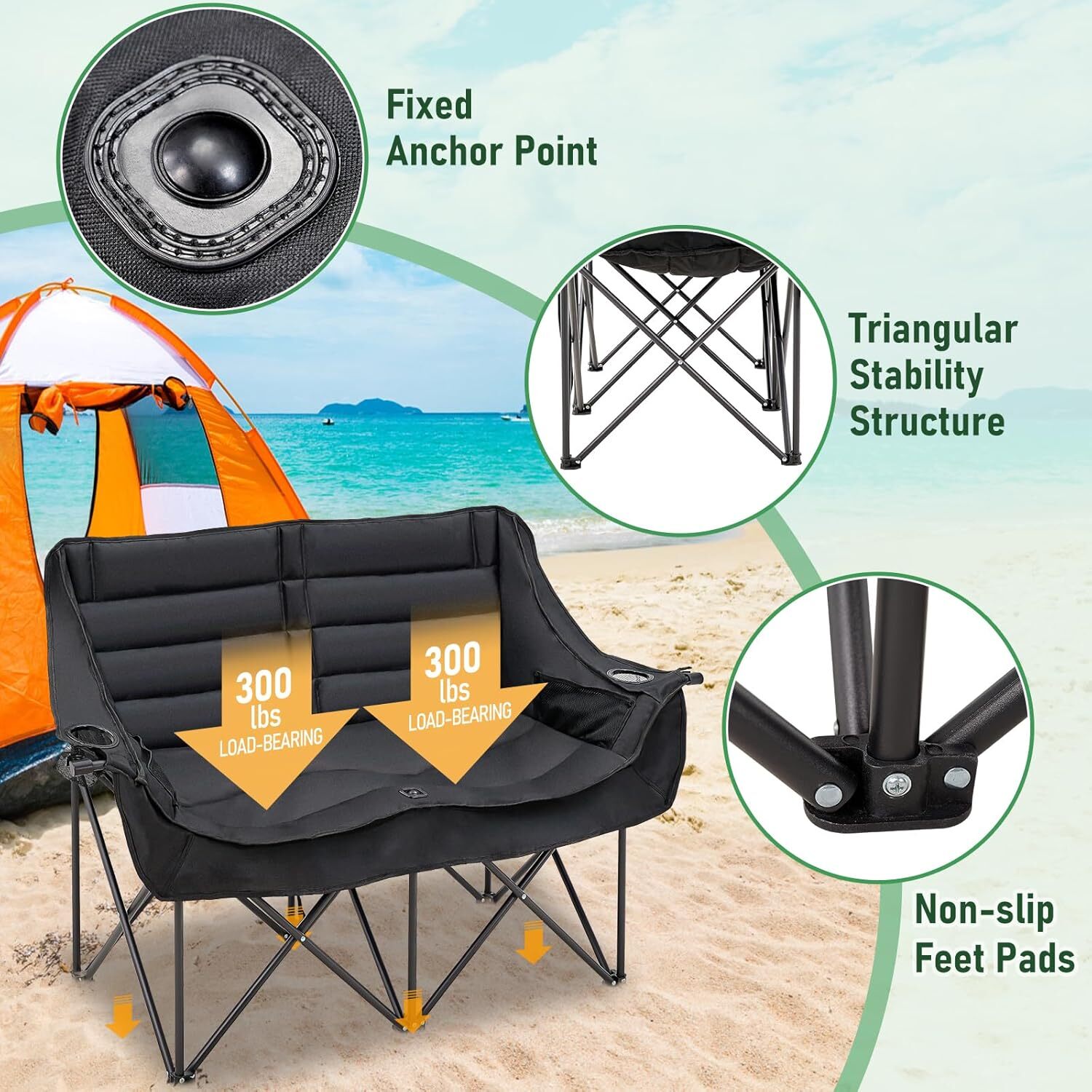 H&ZT Double Camping Chair, Fully Padded Folding Camping Loveseat Duo Chair 600lb