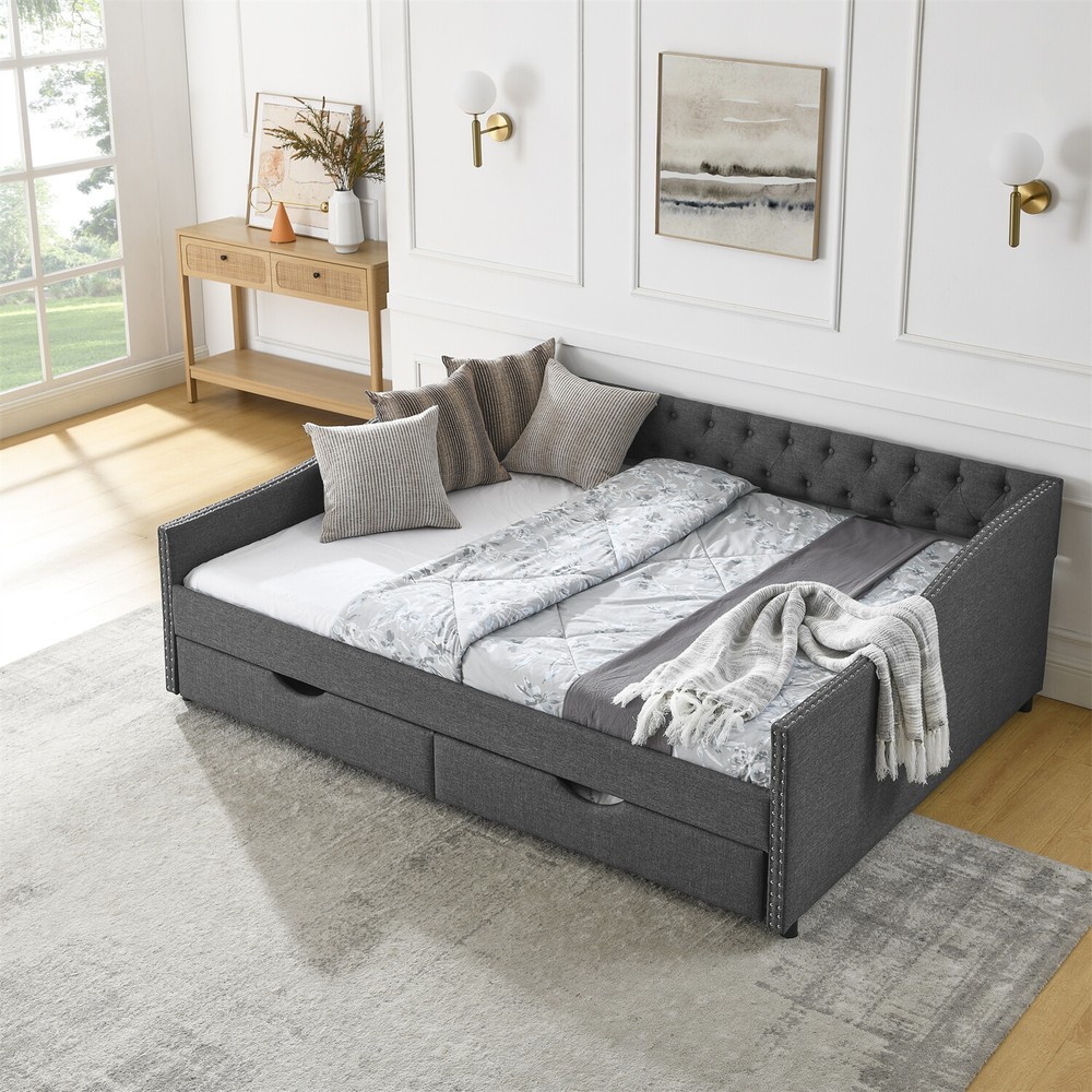 Queen Size Daybed w/ 2 Storage Drawers Upholstered Bed Frame Sofa Bed US