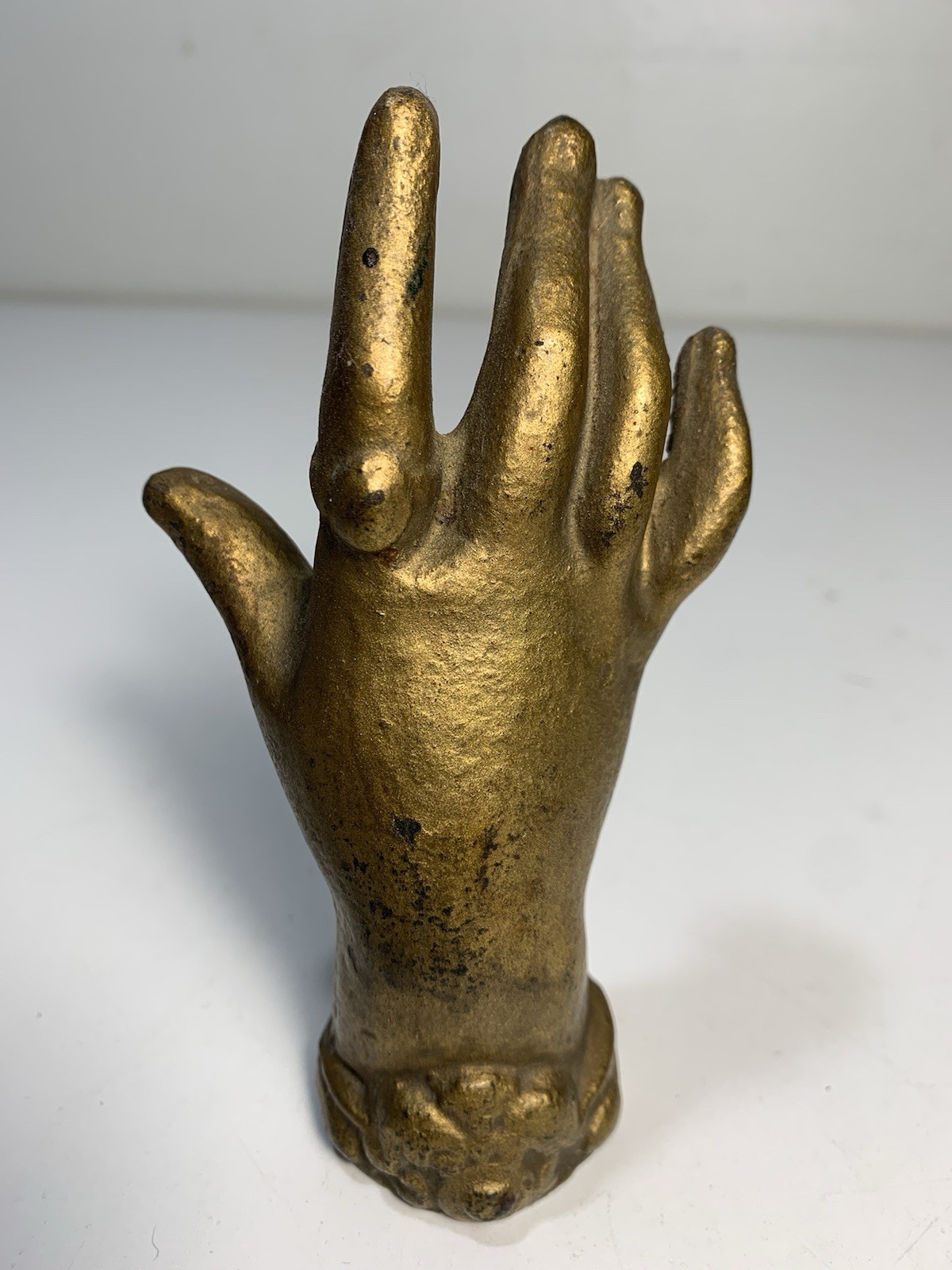 Antique Solid Cast Iron Paperweight Figurative Hand Sculpture Gold Gild Vintage