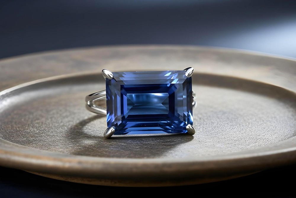 Silver Sapphire Ring Anemone Jewelry Rectangle Emerald Cut Blue Gem
