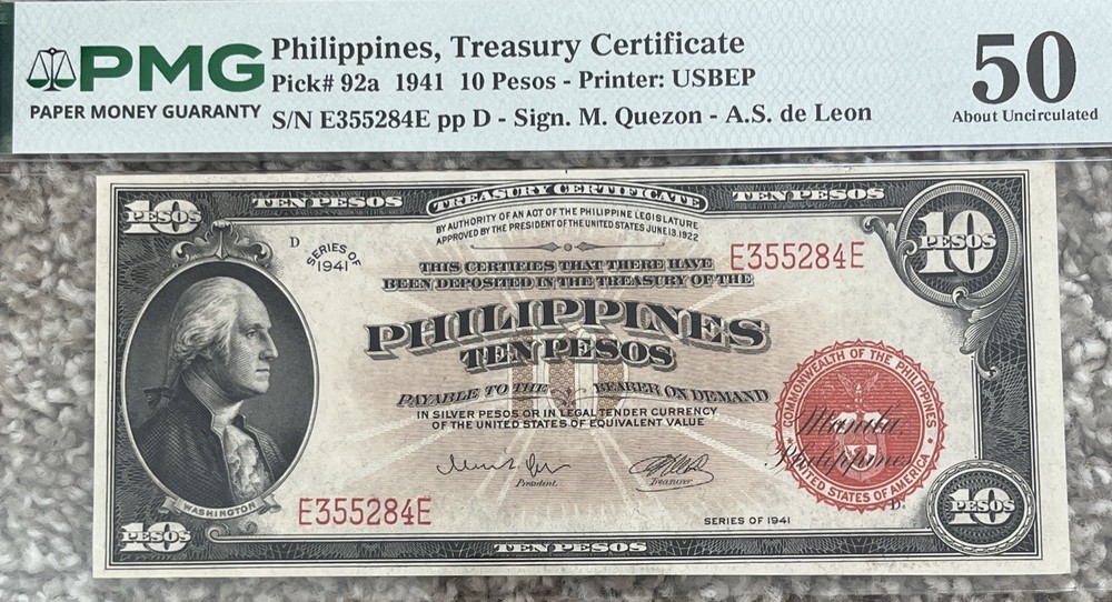 1941 10 Pesos Philippines AU50