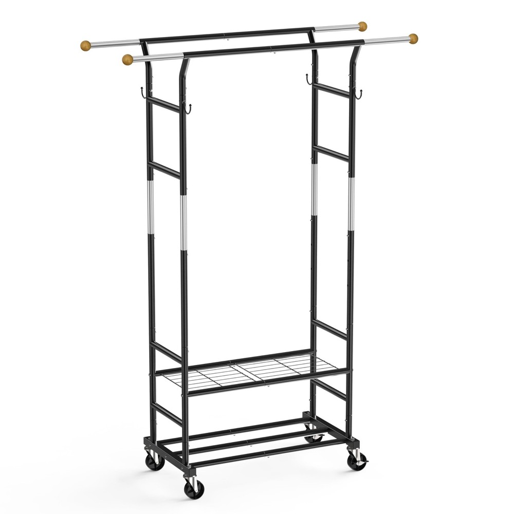 Clothes Rack with 3-Level Height Adjustment - Double Rod Extendable Hanging R...