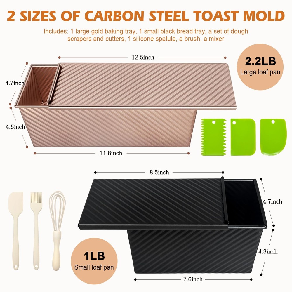 Non-Stick Pullman Loaf Pans with Lids – 2.2 LB & 1 LB Dough Capacity
