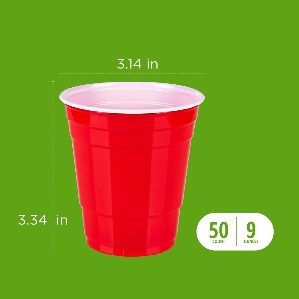 Basics Small Disposable Red Plastic Party Cups, BPAFree, 9oz, 50 Count