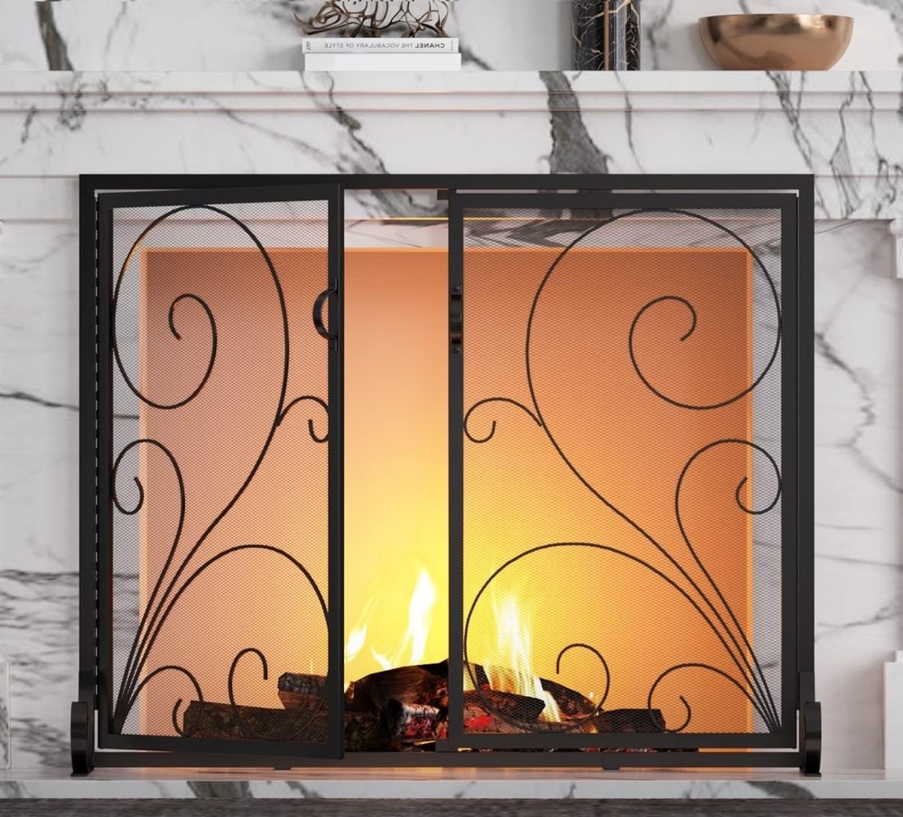 Fireplace Screen with Doors, Handcrafted Solid Steel, Heavy Duty Metal Mesh, ...