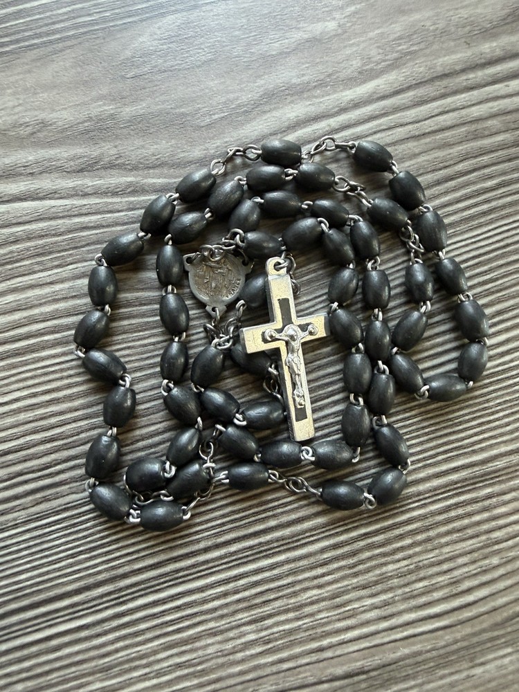 Antique France Wood Bead French Rosary Ebony Crucifix Carved
