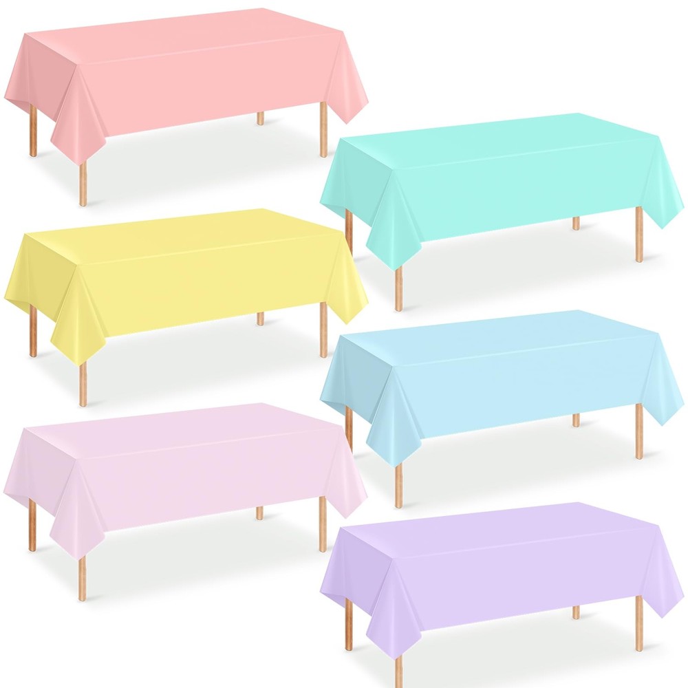 6Pcs Pastel Tablecloths, Rainbow Mix Color Plastic Tablecloth Disposable Rect...