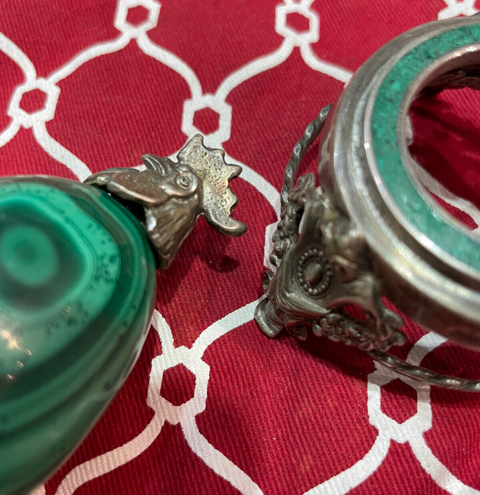 Antique Imperial Russian Enamel Hallmarks 84 Silver Malachite Egg Set with Stand