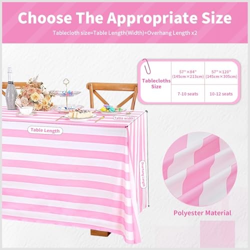 Striped Tablecloth 57 x 84 Inch 57" x 84" (Rectangular) Pink and White