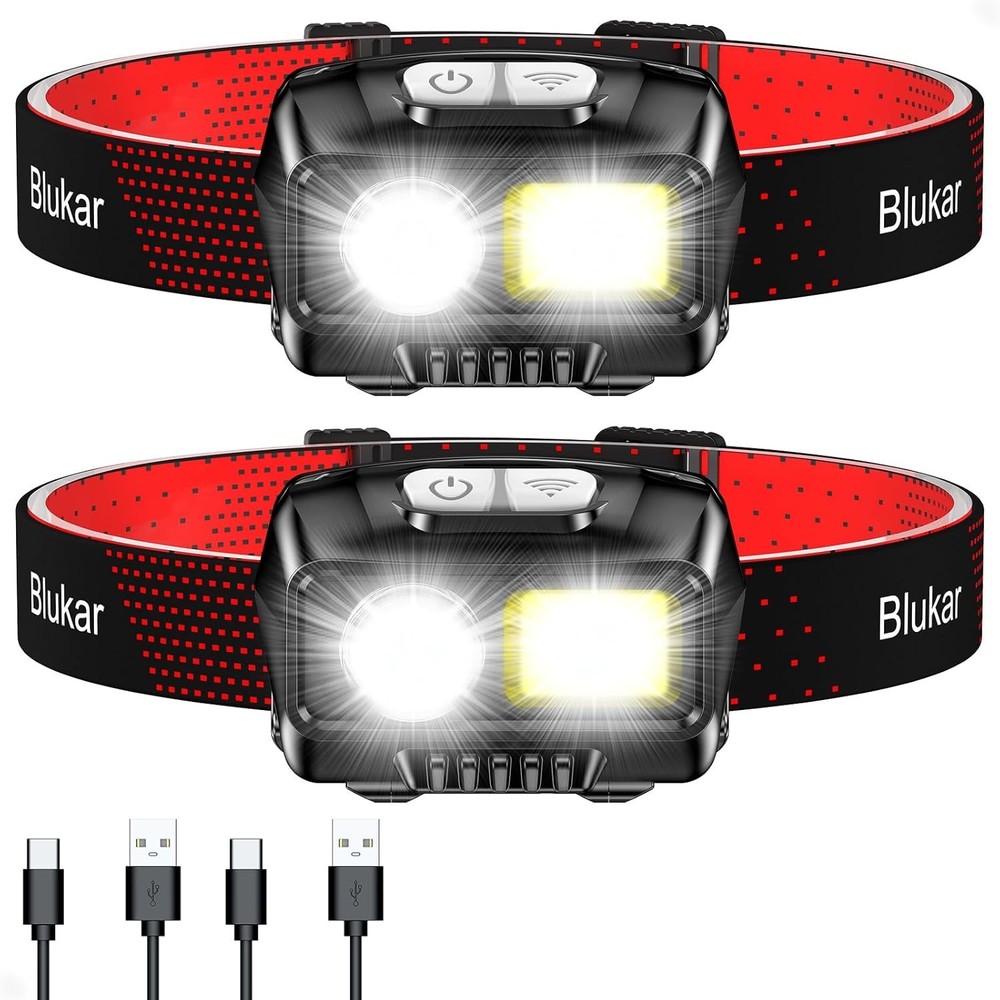 LED Headlamp Rechargeable,2000L Super Bright Headlight with 2 Pack, Black