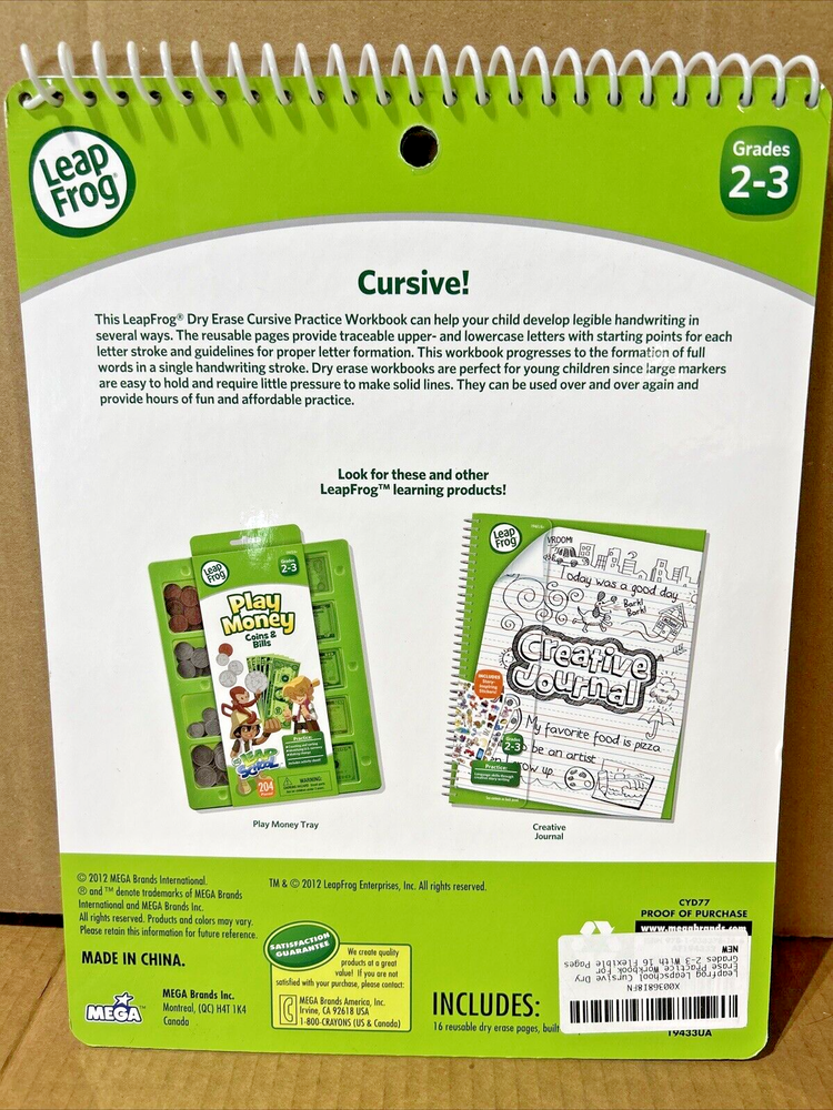 LeapFrog LeapSchool Cursive Dry Erase Practice Workbook for Grades 2-3 FreeShip