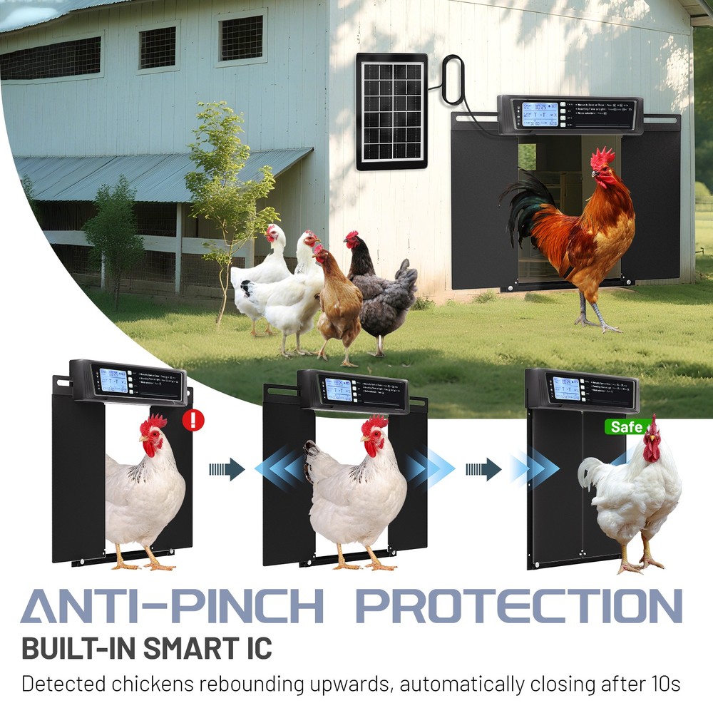 Large Horizontal Automatic Chicken Coop Door Solar Powered w/ Timer Light Sensor